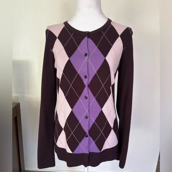 🎾LOFT Purple and Pink Argyle Cardigan - Picture 2 of 7